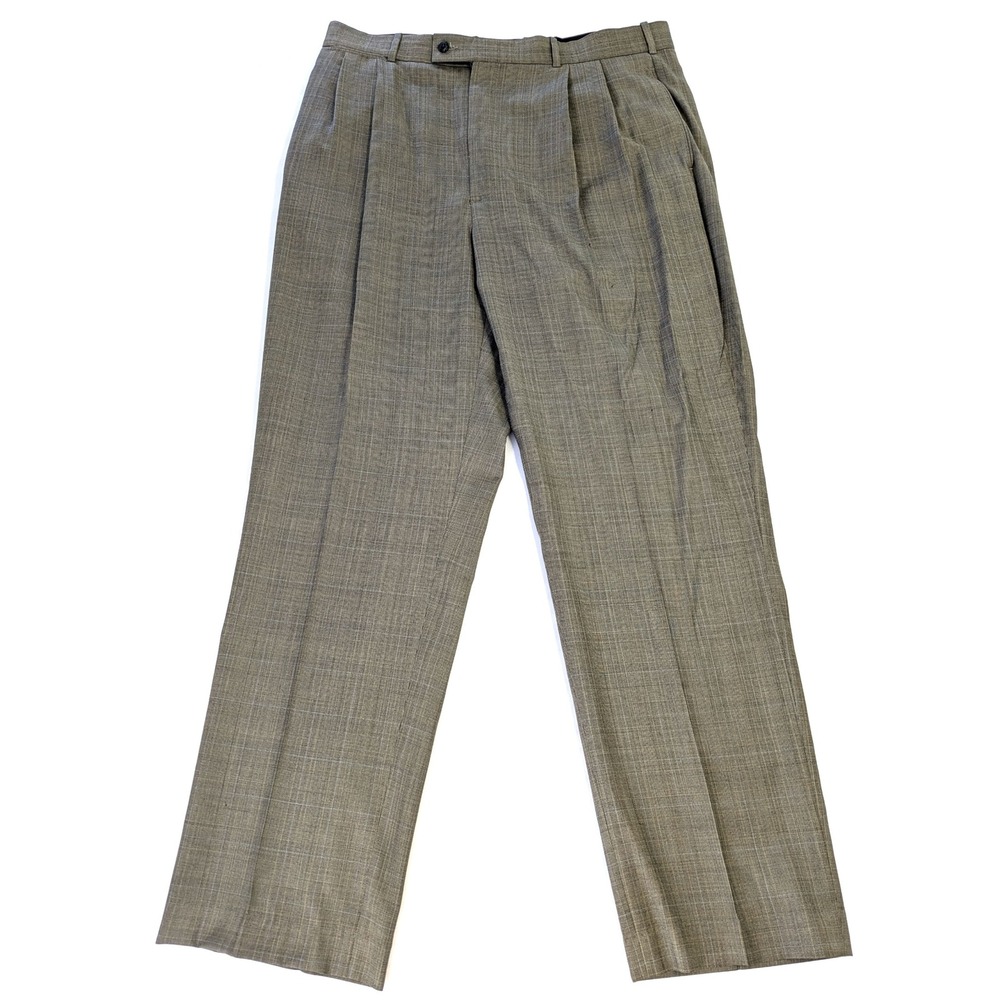 Lands End Mens 36 Long Pleated Wool Dress Pants Olive Glen Plaid Straight Leg